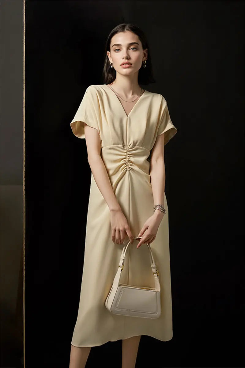 Yellow Triacetate V-Neck Gathered Waist Midi Dress