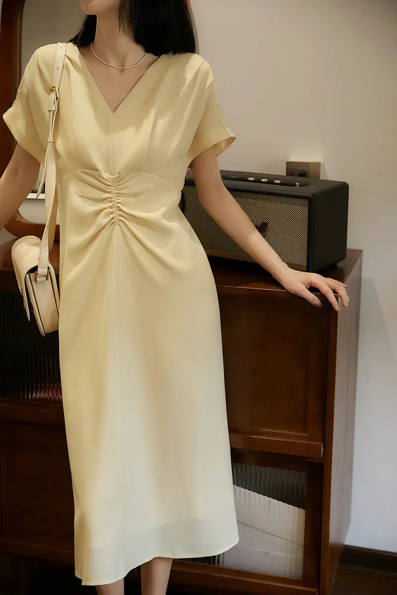 Yellow Triacetate V-Neck Gathered Waist Midi Dress