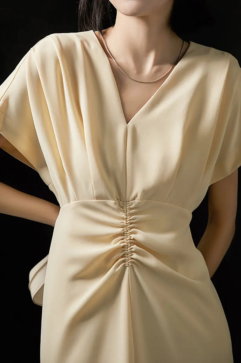 Yellow Triacetate V-Neck Gathered Waist Midi Dress
