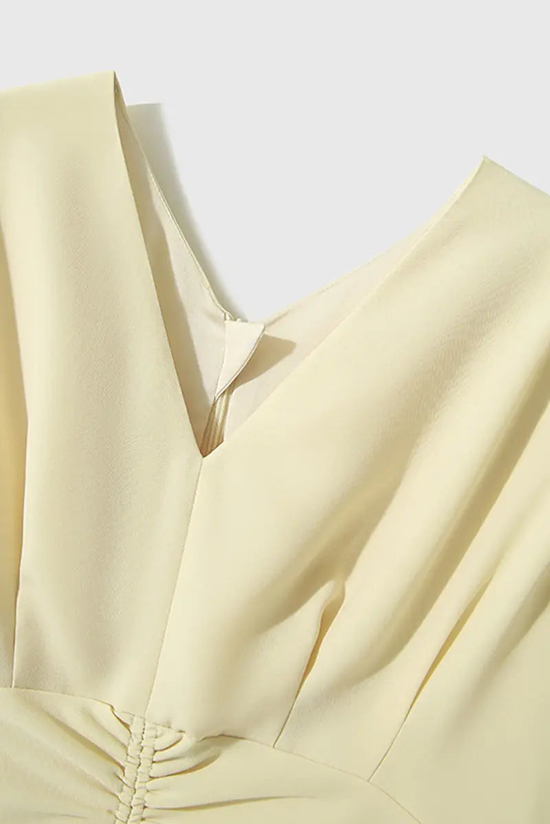 Yellow Triacetate V-Neck Gathered Waist Midi Dress