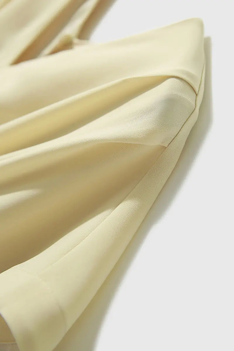 Yellow Triacetate V-Neck Gathered Waist Midi Dress