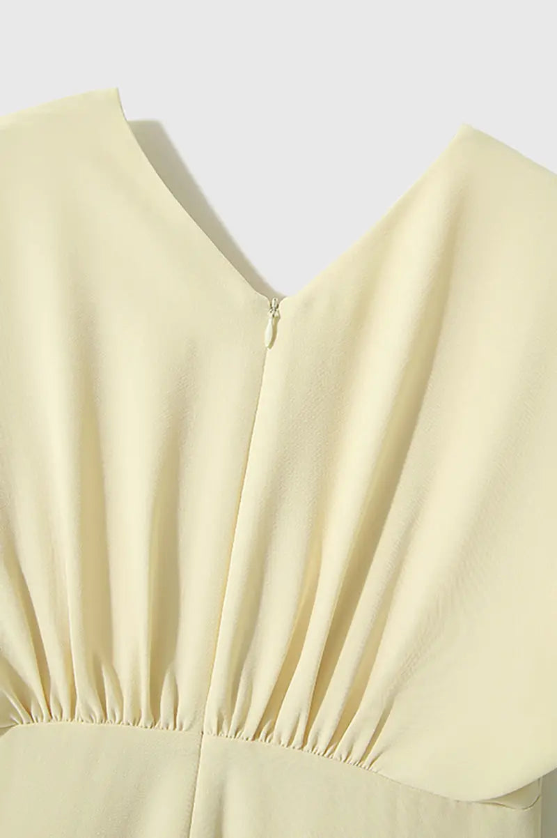 Yellow Triacetate V-Neck Gathered Waist Midi Dress