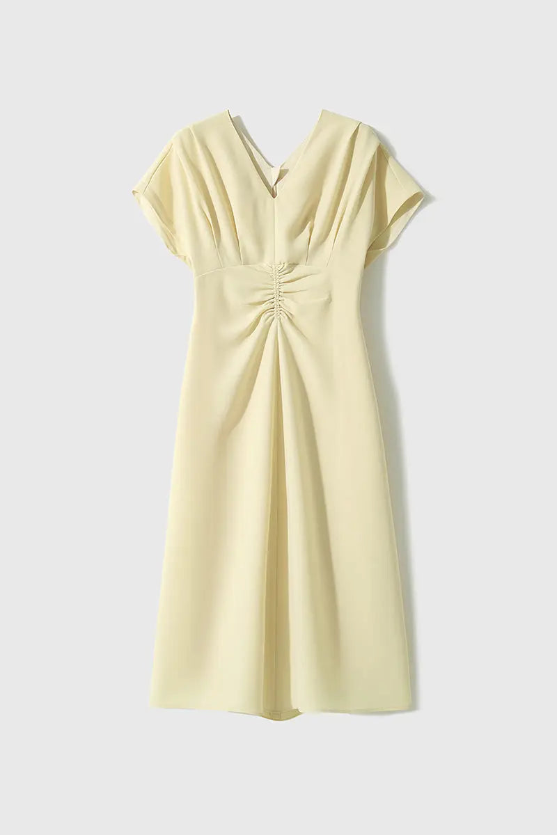 Yellow Triacetate V-Neck Gathered Waist Midi Dress