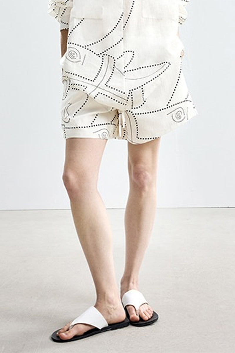 Abstract Dot Print Tencel Elastic Waist Drawstring Shorts in White