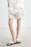 Abstract Dot Print Tencel Elastic Waist Drawstring Shorts in White