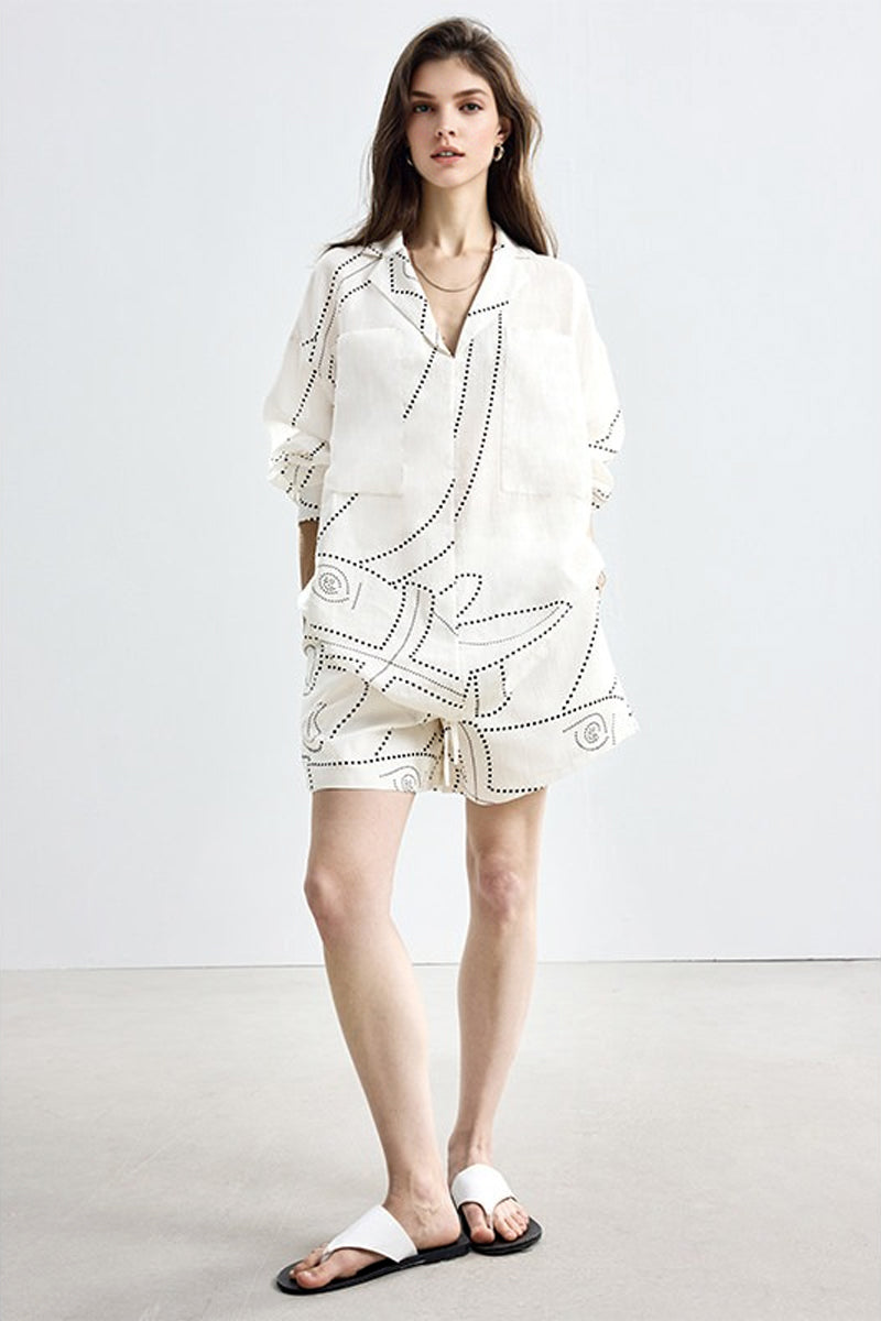 Abstract Dot Print Tencel Elastic Waist Drawstring Shorts in White