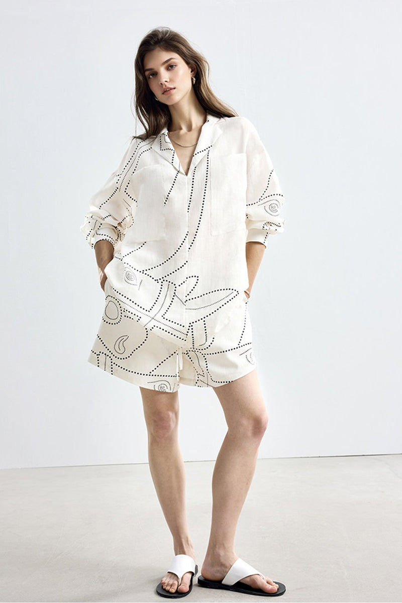 Abstract Dot Print Tencel Elastic Waist Drawstring Shorts in White