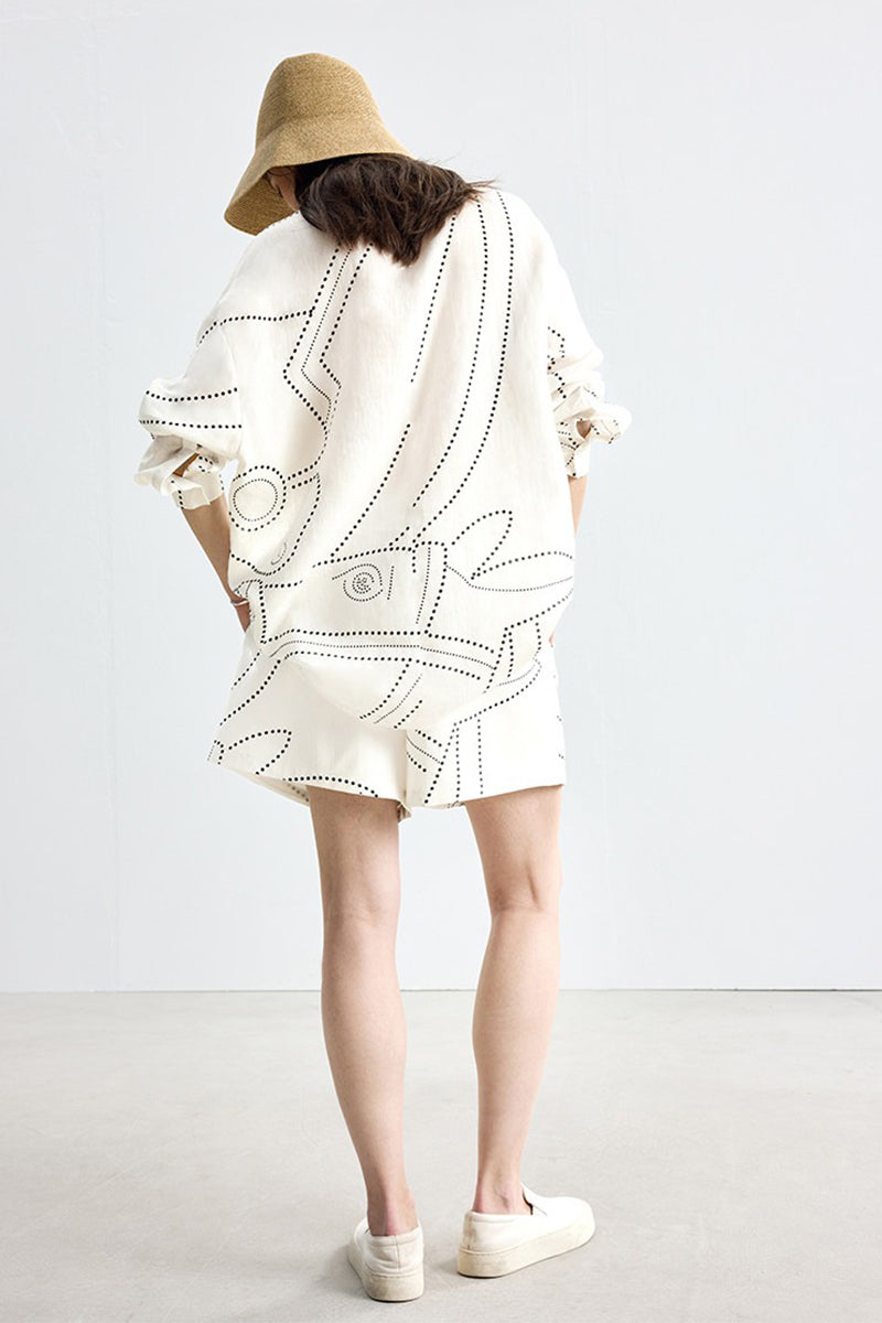 Abstract Dot Print Tencel Elastic Waist Drawstring Shorts in White