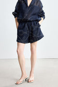 Abstract Dot Print Tencel Ramie Elastic Waist Drawstring Shorts