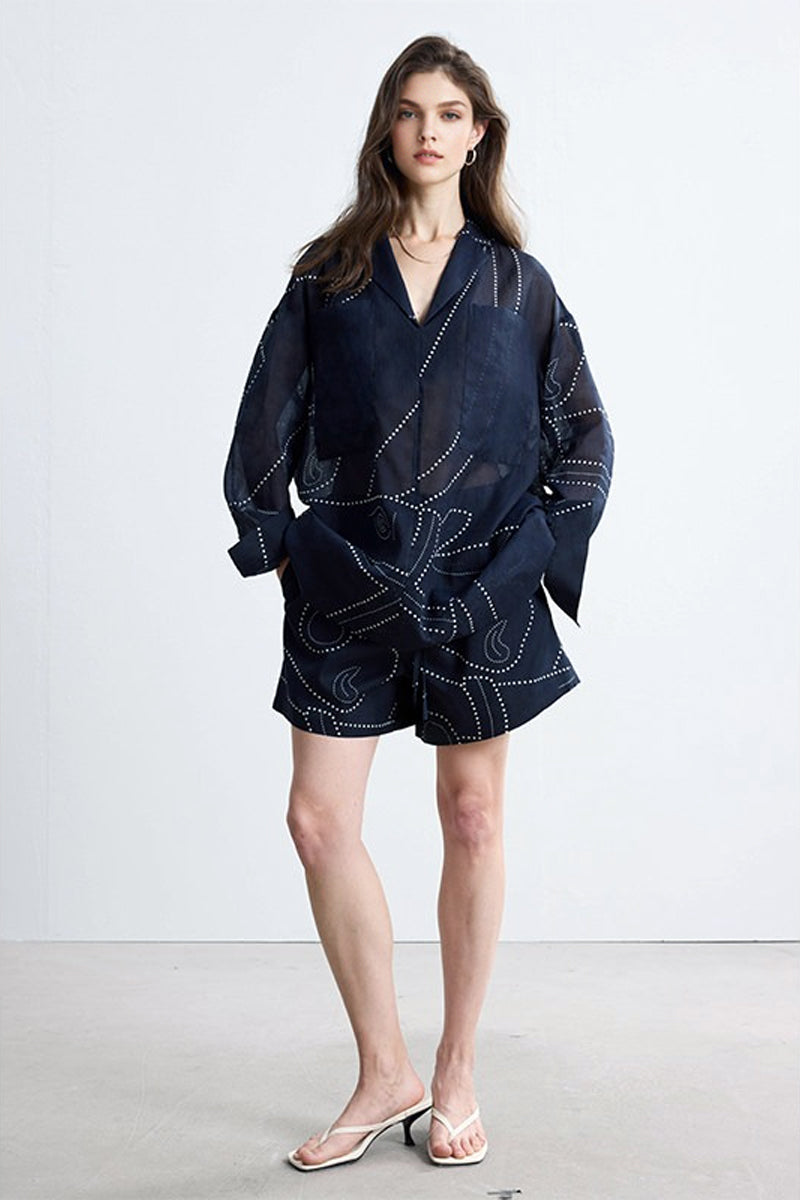 Abstract Dot Print Tencel Ramie Elastic Waist Drawstring Shorts