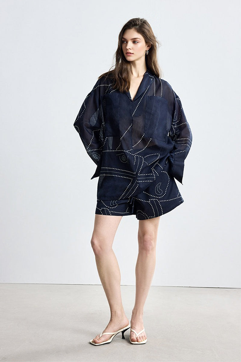 Abstract Dot Print Tencel Ramie Elastic Waist Drawstring Shorts
