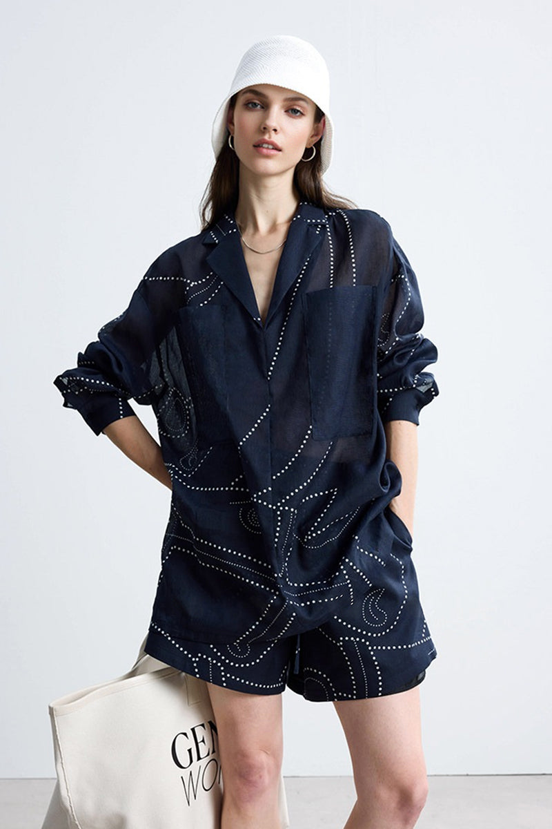 Abstract Dot Print Tencel Ramie Elastic Waist Drawstring Shorts