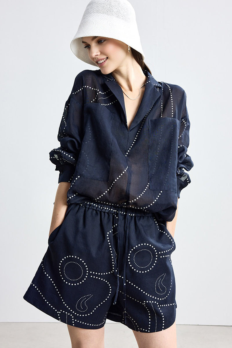 Abstract Dot Print Tencel Ramie Elastic Waist Drawstring Shorts