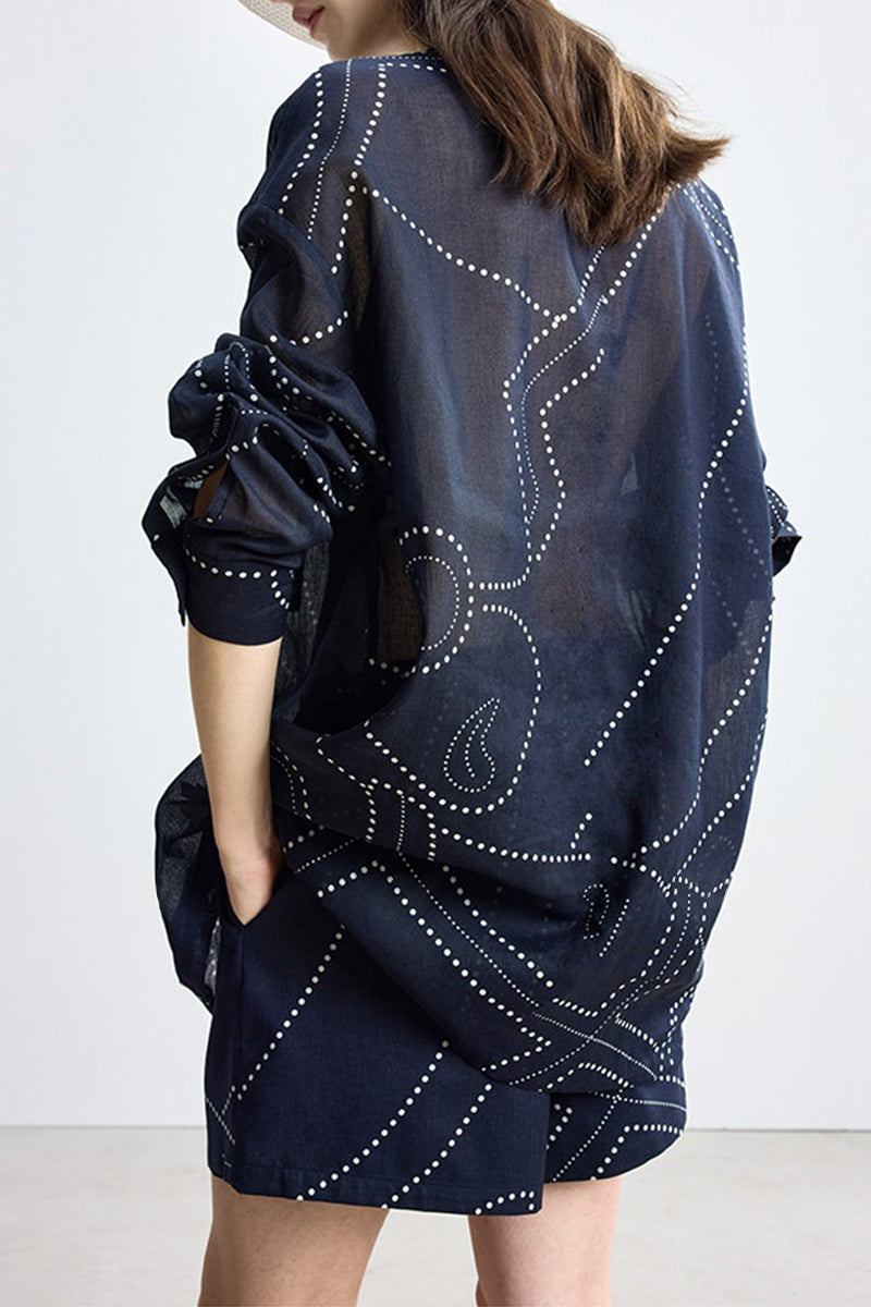 Abstract Dot Print Tencel Ramie Elastic Waist Drawstring Shorts