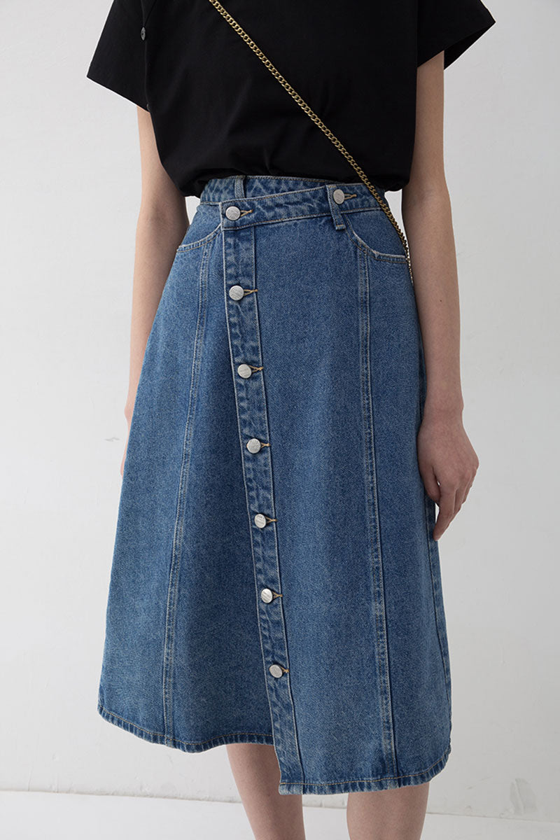 Asymmetric Button-Front A-Line Denim Midi Skirt