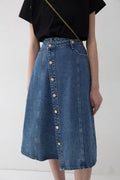 Asymmetric Button-Front A-Line Denim Midi Skirt