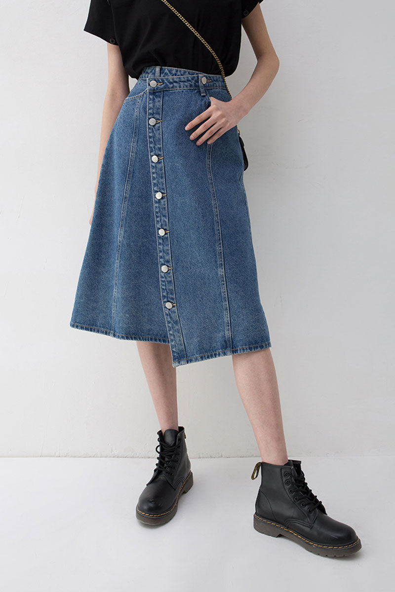 Asymmetric Button-Front A-Line Denim Midi Skirt