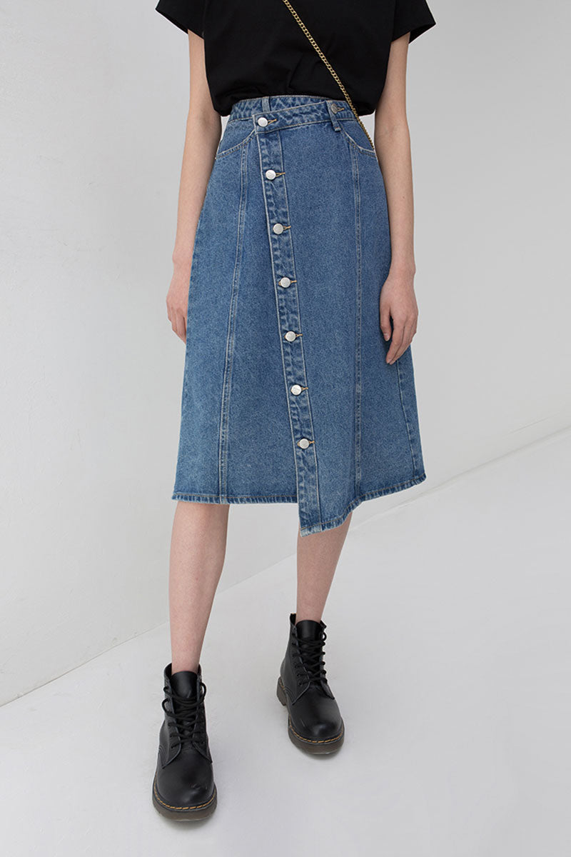 Asymmetric Button-Front A-Line Denim Midi Skirt
