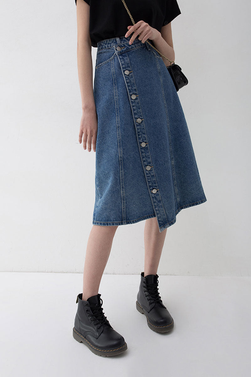 Asymmetric Button-Front A-Line Denim Midi Skirt