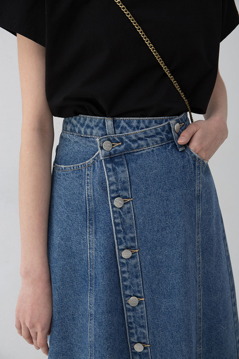 Asymmetric Button-Front A-Line Denim Midi Skirt