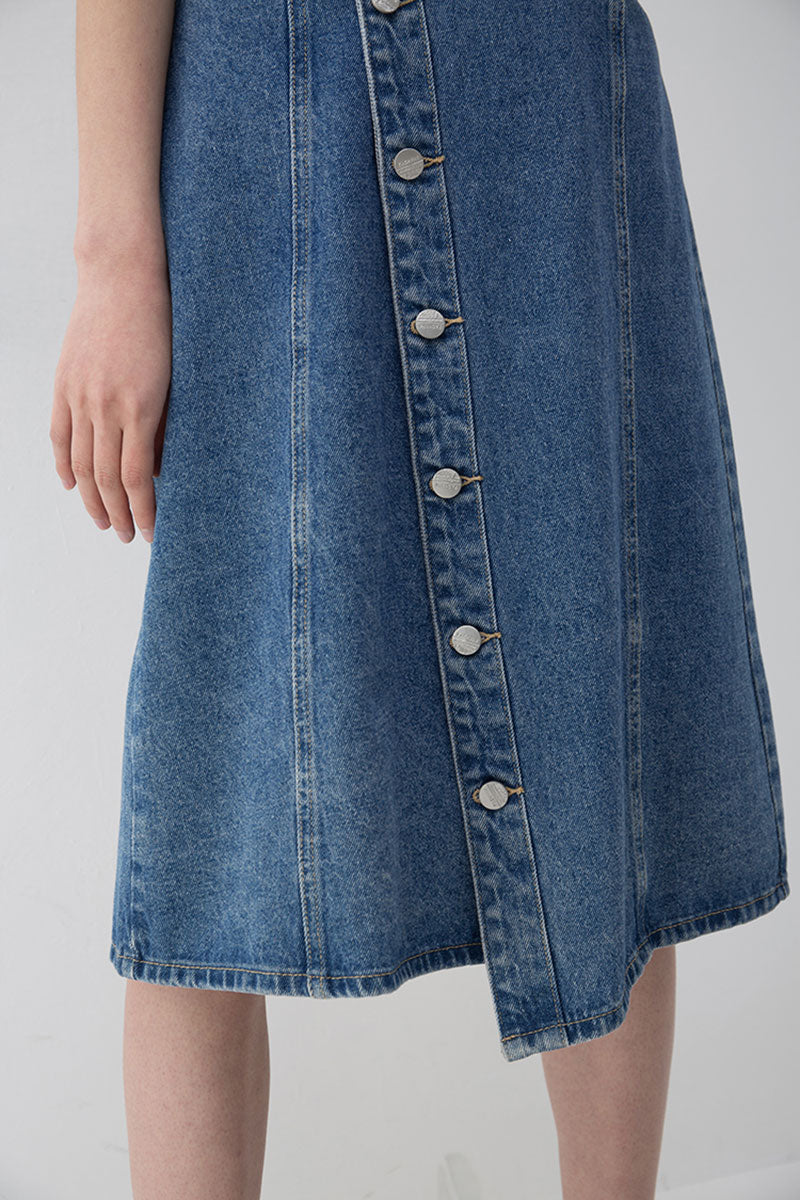 Asymmetric Button-Front A-Line Denim Midi Skirt