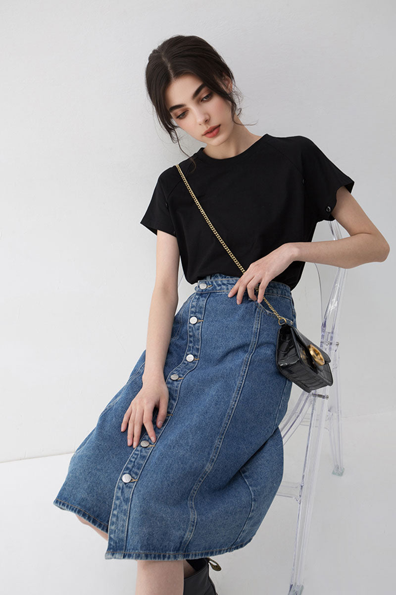 Asymmetric Button-Front A-Line Denim Midi Skirt