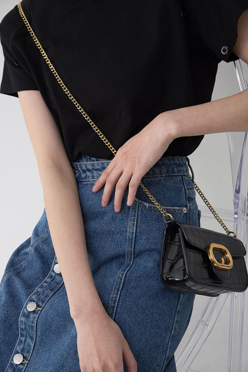 Asymmetric Button-Front A-Line Denim Midi Skirt