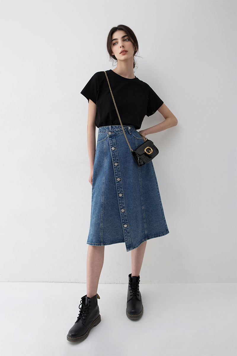Asymmetric Button-Front A-Line Denim Midi Skirt