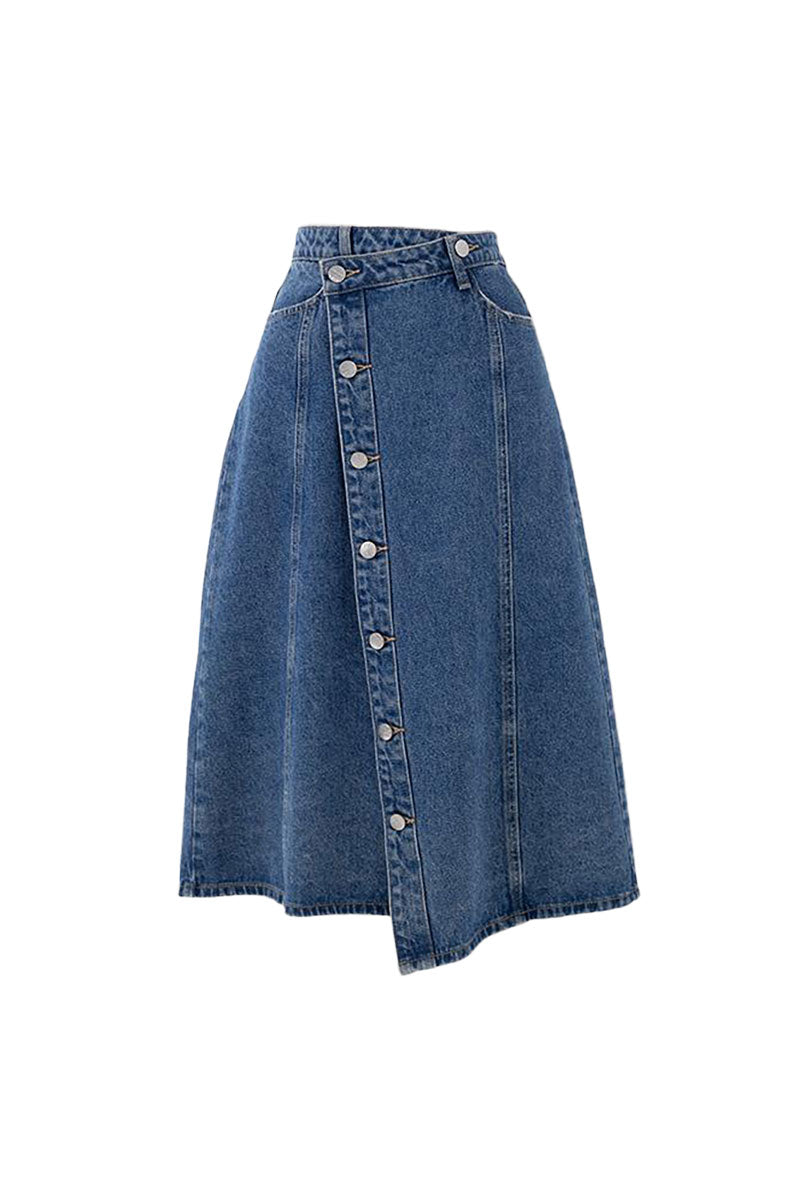 Asymmetric Button-Front A-Line Denim Midi Skirt