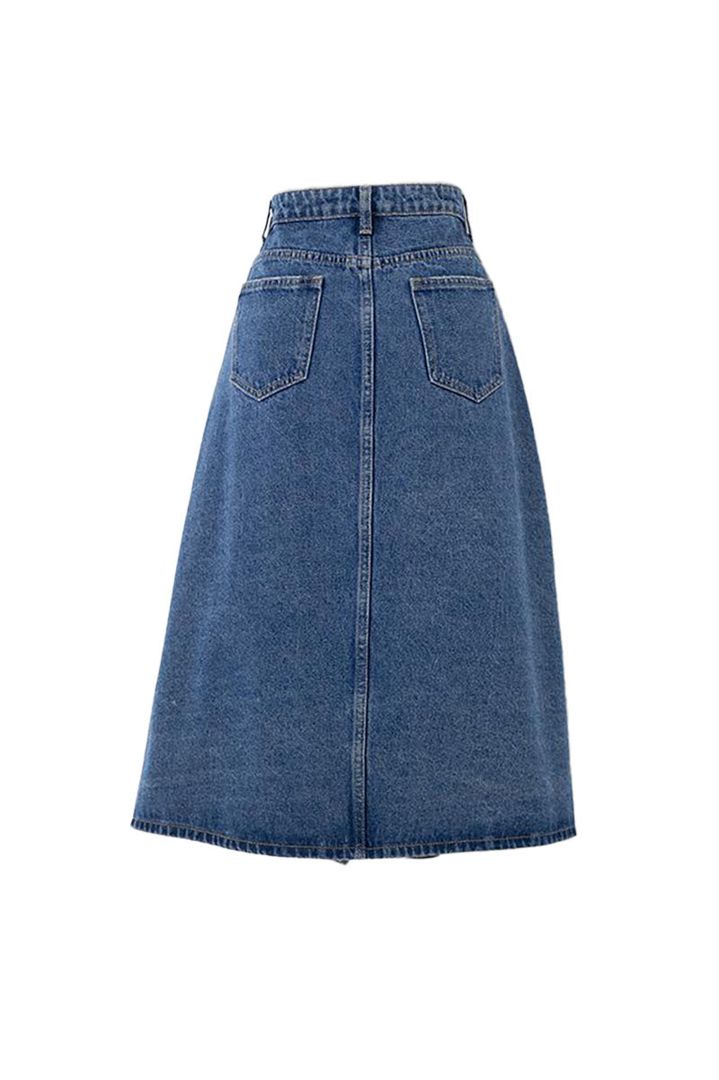 Asymmetric Button-Front A-Line Denim Midi Skirt