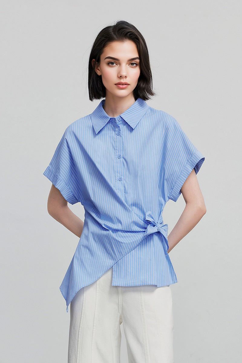 Asymmetric Button-Front Short Sleeve Blouse with Side Tie