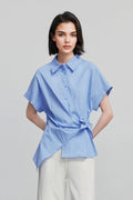 Asymmetric Button-Front Short Sleeve Blouse with Side Tie