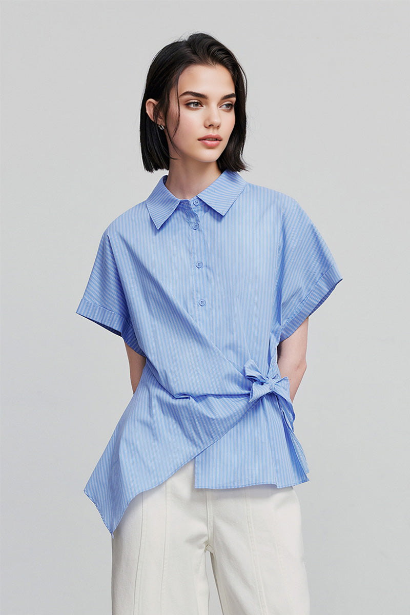 Asymmetric Button-Front Short Sleeve Blouse with Side Tie