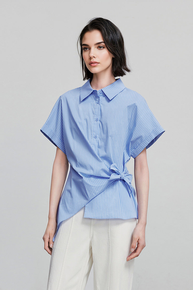 Asymmetric Button-Front Short Sleeve Blouse with Side Tie