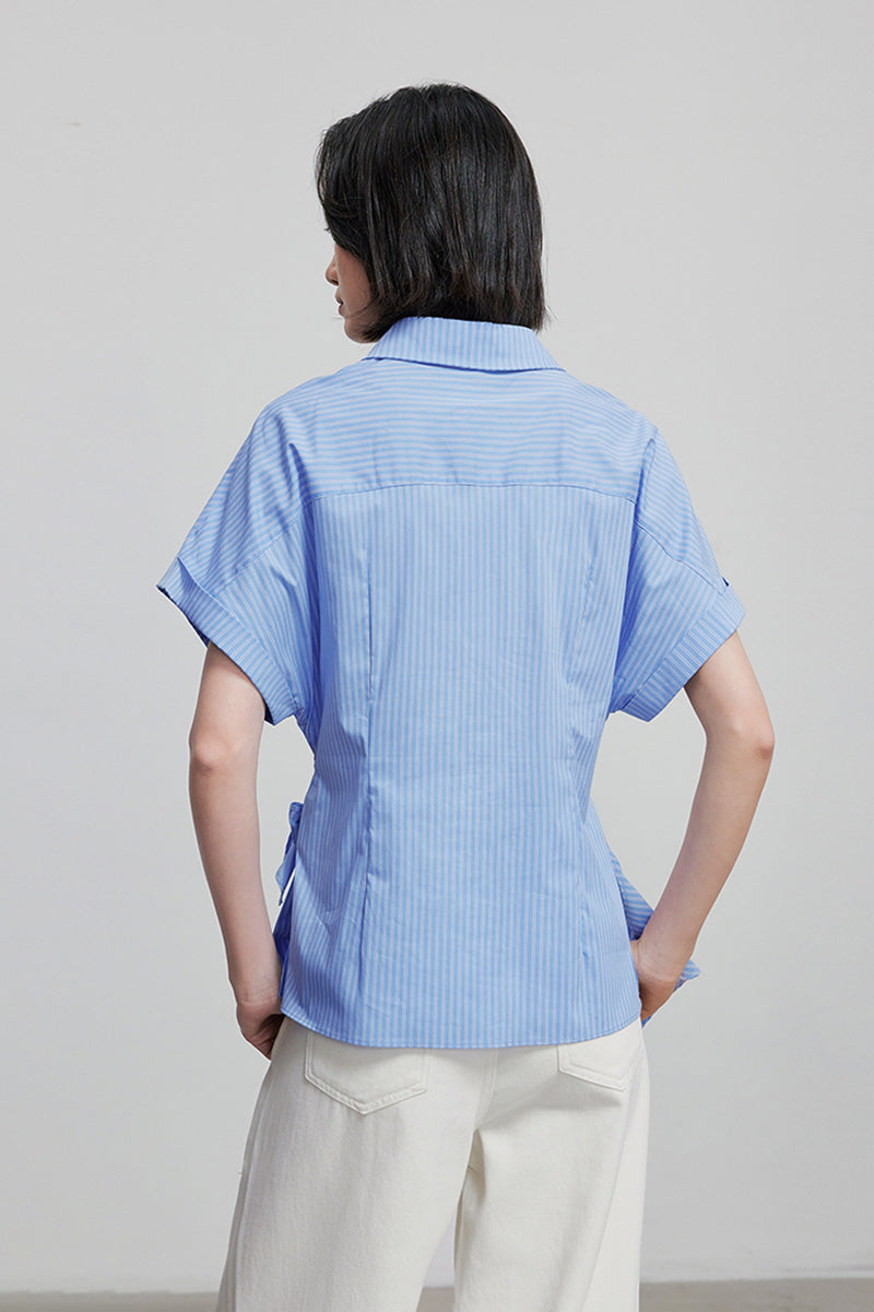 Asymmetric Button-Front Short Sleeve Blouse with Side Tie