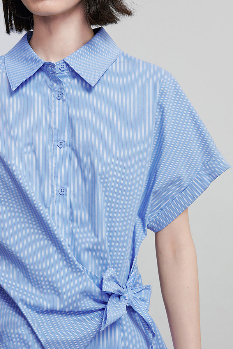 Asymmetric Button-Front Short Sleeve Blouse with Side Tie