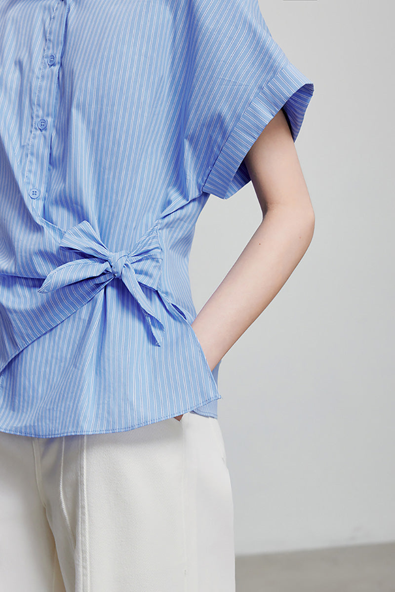 Asymmetric Button-Front Short Sleeve Blouse with Side Tie