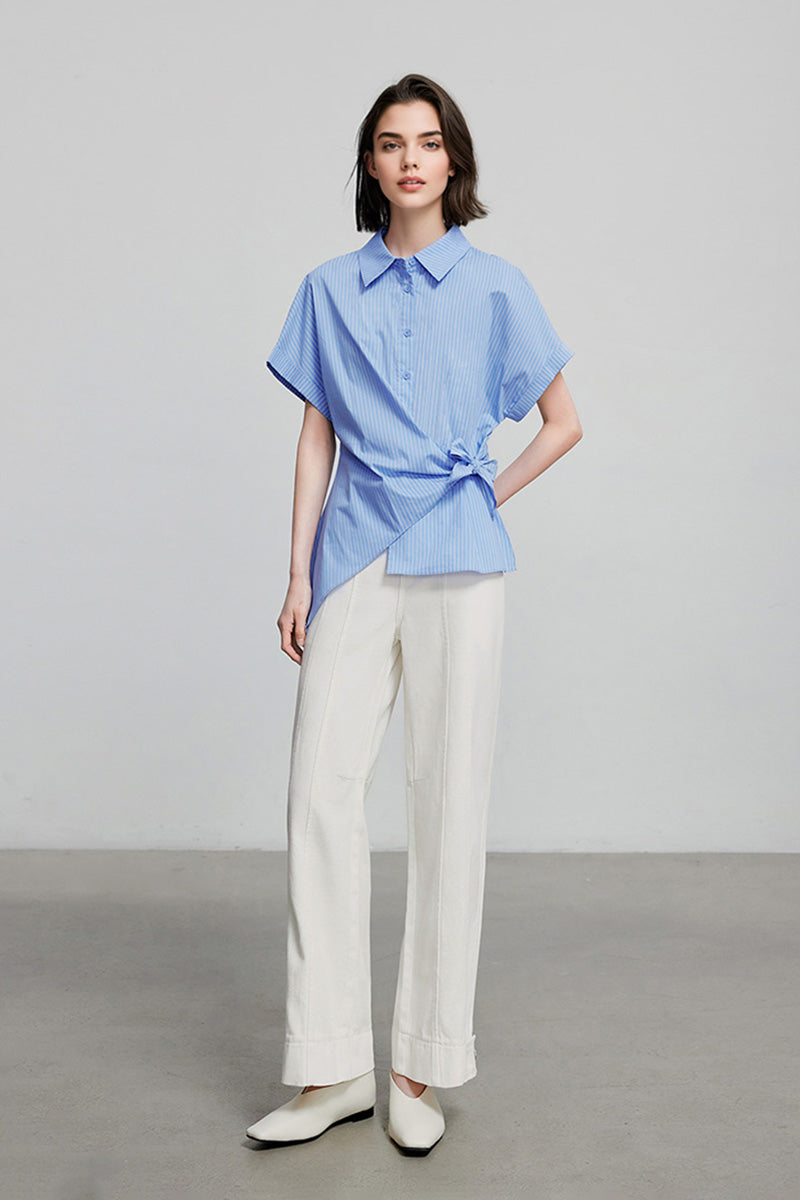 Asymmetric Button-Front Short Sleeve Blouse with Side Tie