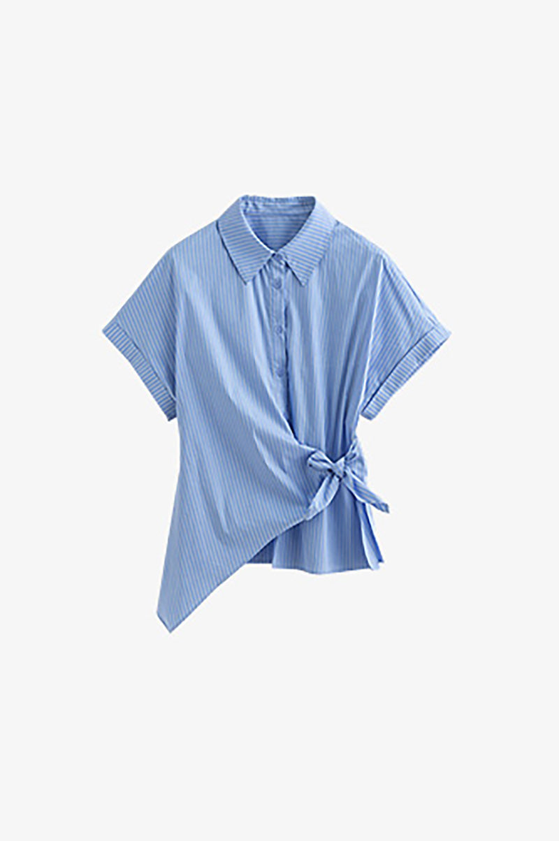 Asymmetric Button-Front Short Sleeve Blouse with Side Tie