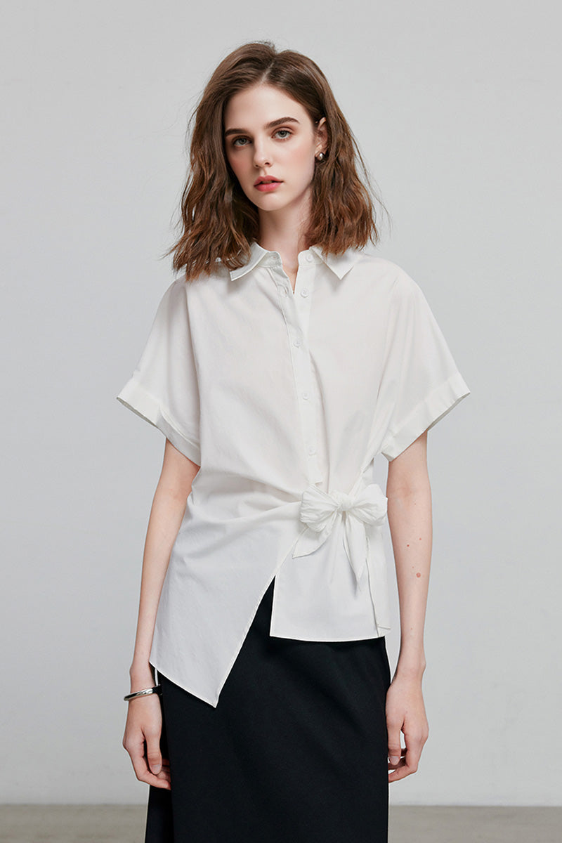 Asymmetric Button-Front Short Sleeve Blouse with Side Tie
