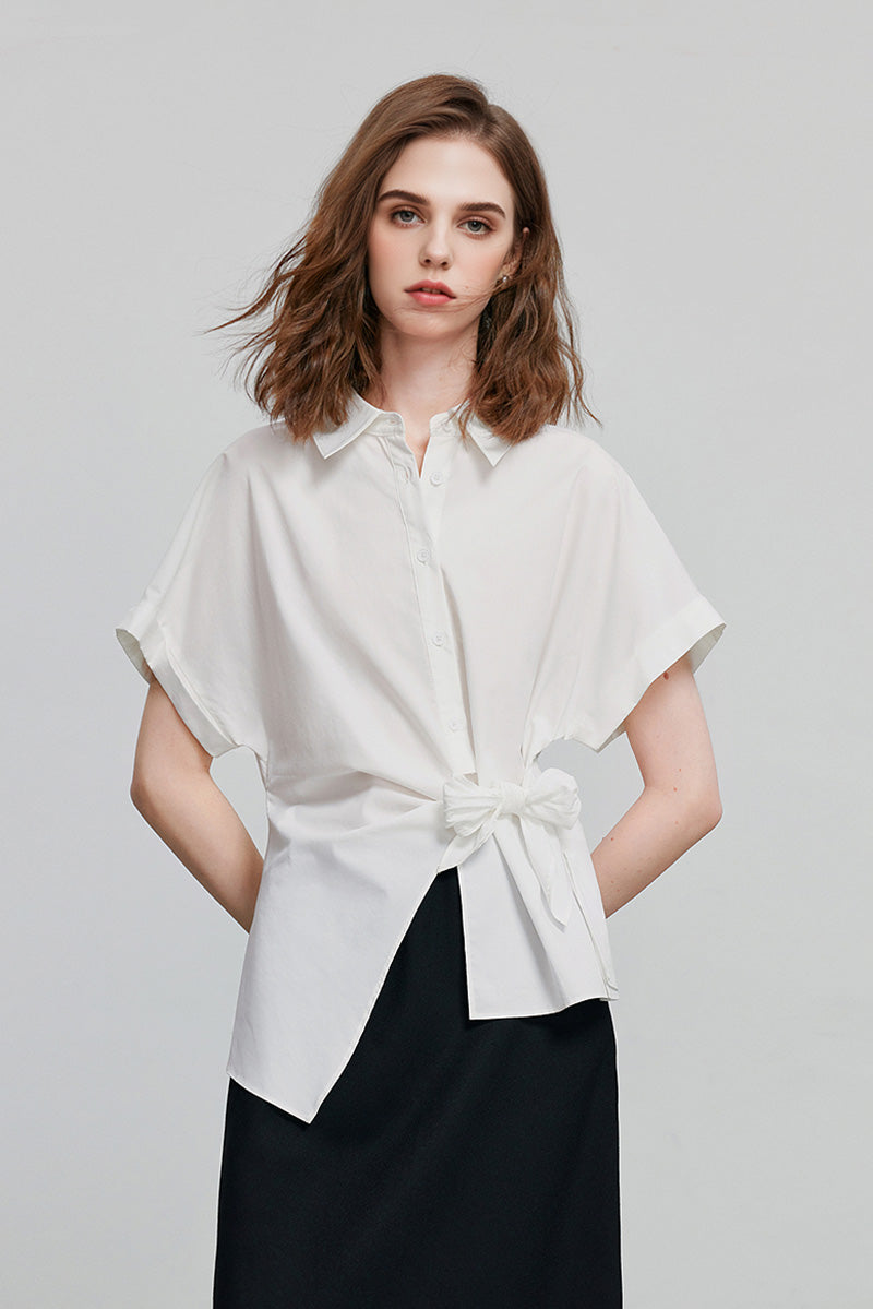 Asymmetric Button-Front Short Sleeve Blouse with Side Tie