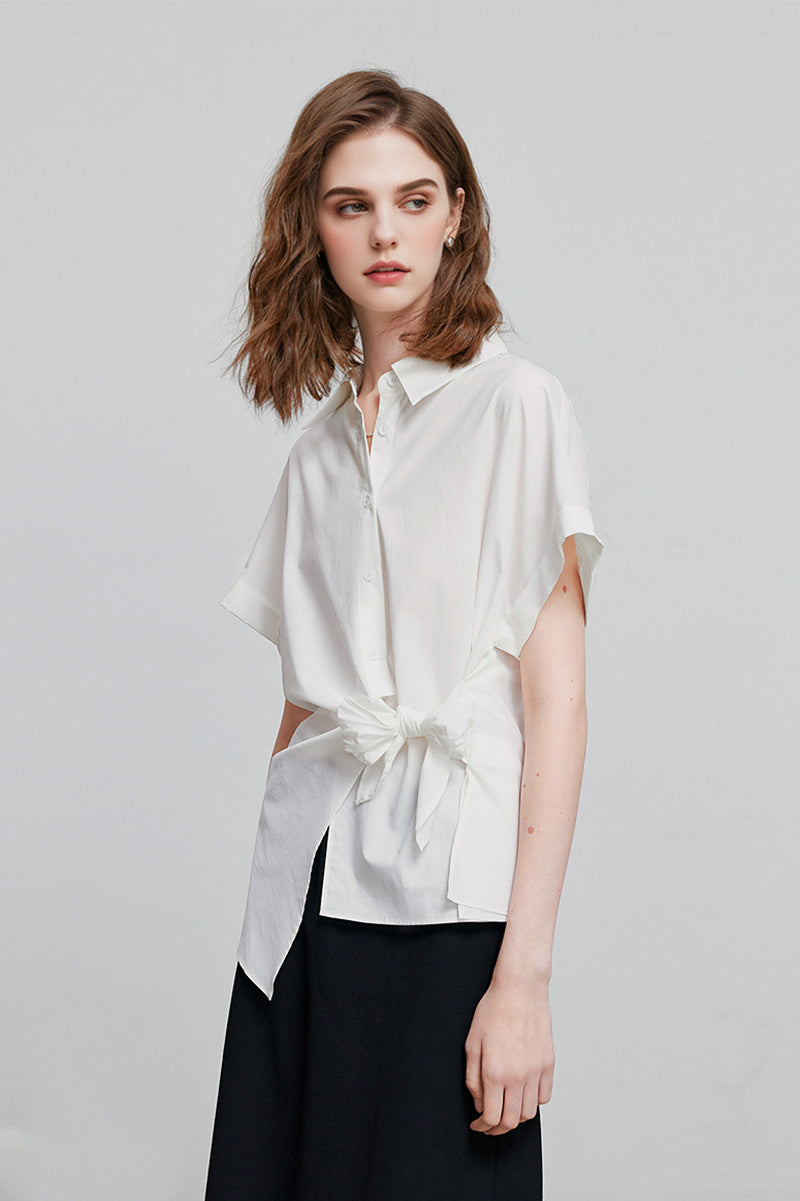 Asymmetric Button-Front Short Sleeve Blouse with Side Tie