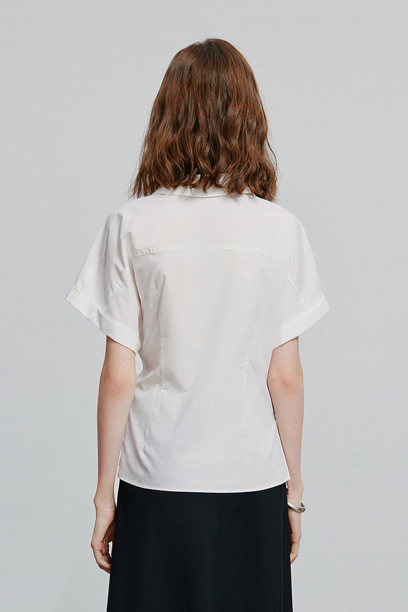 Asymmetric Button-Front Short Sleeve Blouse with Side Tie