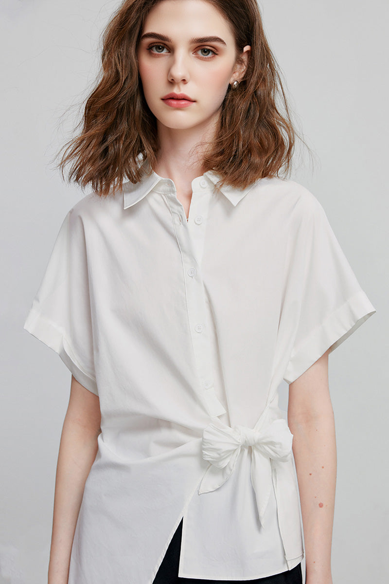 Asymmetric Button-Front Short Sleeve Blouse with Side Tie