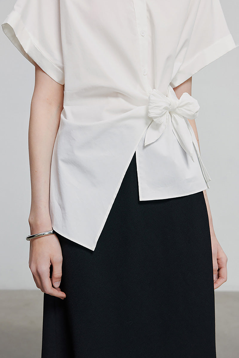 Asymmetric Button-Front Short Sleeve Blouse with Side Tie
