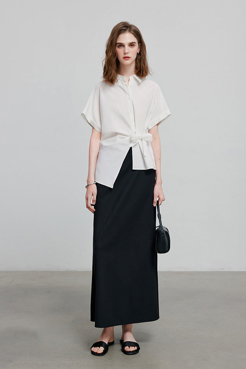 Asymmetric Button-Front Short Sleeve Blouse with Side Tie