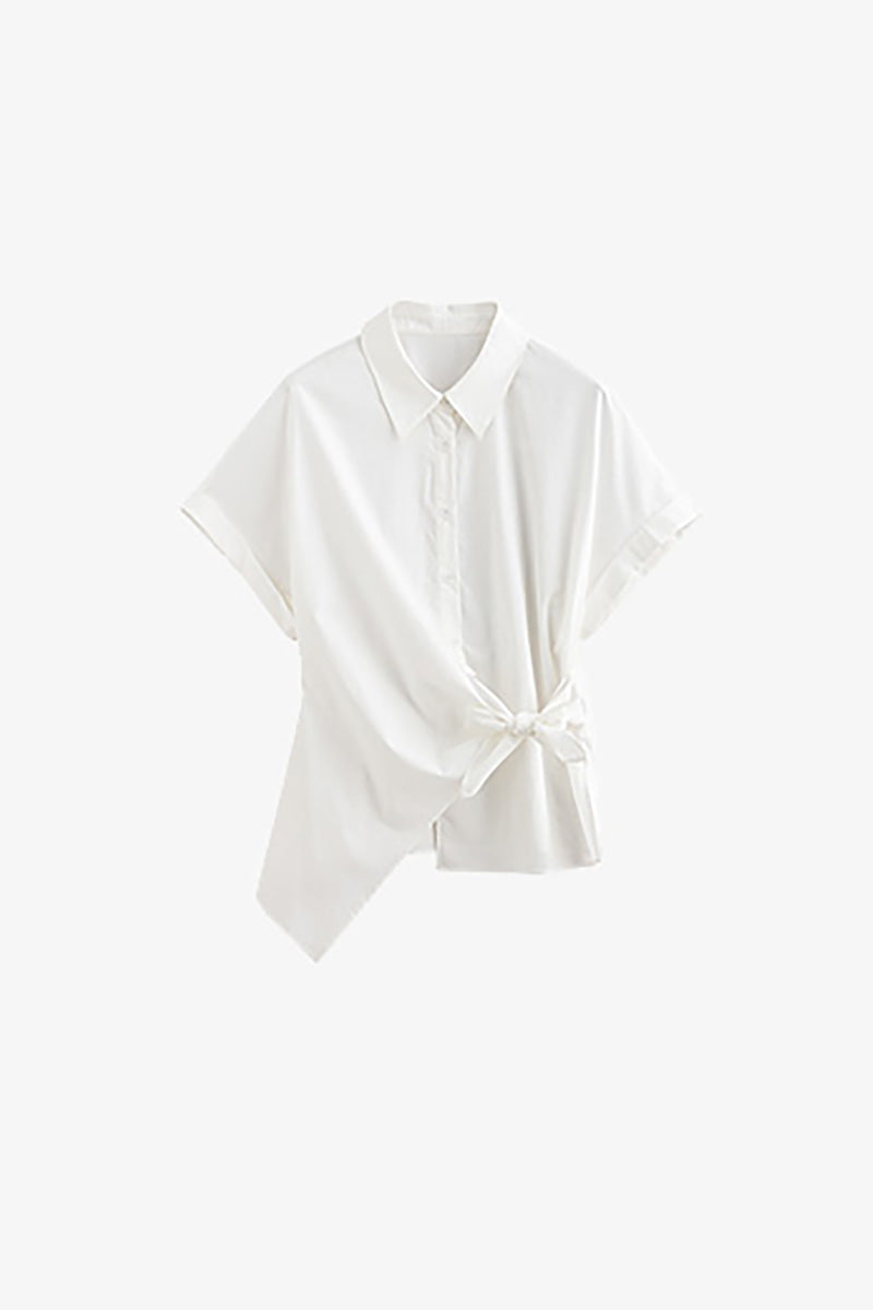 Asymmetric Button-Front Short Sleeve Blouse with Side Tie