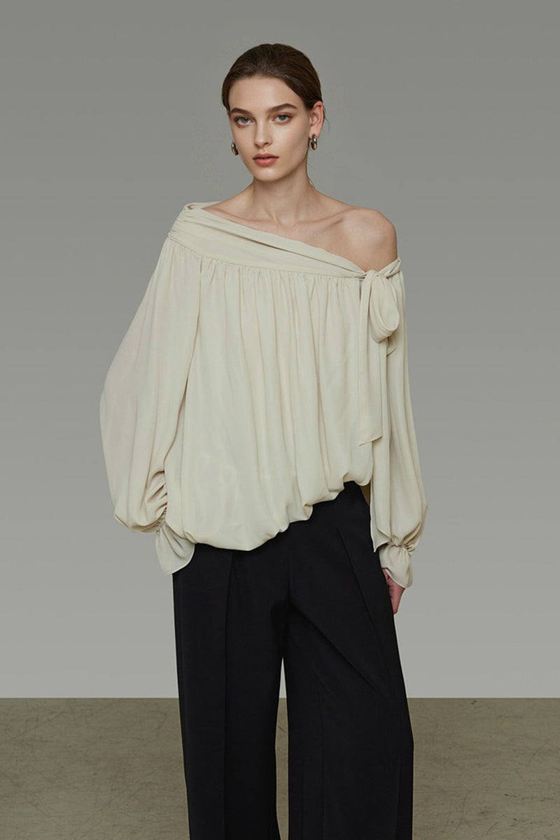 Asymmetric Off-Shoulder Long Sleeve Tie Front Blouse
