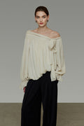 Asymmetric Off-Shoulder Long Sleeve Tie Front Blouse