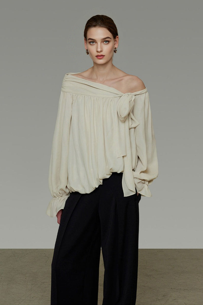 Asymmetric Off-Shoulder Long Sleeve Tie Front Blouse